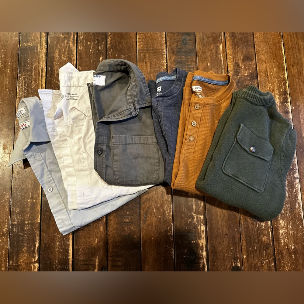Mixed Kid’s Tops Bundle - Olive Green, Mustard, Gray, White, Navy- Boys 10/12